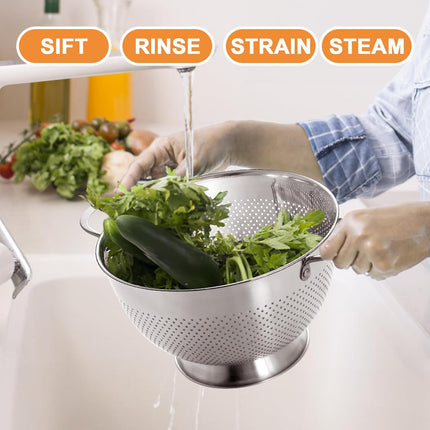 Stainless Steel Colander for Kitchen | 5 Quart Durable Rice and Pasta Strainer with Handle | Oversized Handles | Nesting Design | Rust-Resistant & Dishwasher Safe.