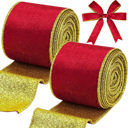 Red Velvet Wired Ribbon, Christmas Ribbon with Gold Metallic Glitter for Gift Wrapping Christmas Tree Decoration Topper Bows Making Wedding Decor Crafts Wreaths Supplies（2.5 Inch x 10 Yards）.