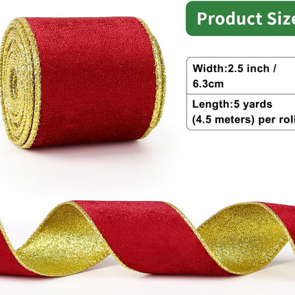 Red Velvet Wired Ribbon, Christmas Ribbon with Gold Metallic Glitter for Gift Wrapping Christmas Tree Decoration Topper Bows Making Wedding Decor Crafts Wreaths Supplies（2.5 Inch x 10 Yards）.