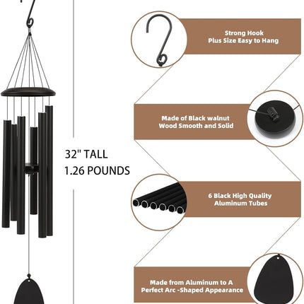 Wind-Chimes-Outdoor-Large-Decor, Deep Tone Soothing Melodic Tones Windchimes, Wind Chimes for Outside, Memorial Wind Chime Best Gift for Mom Women Grandma Neighbors（32" Black）.