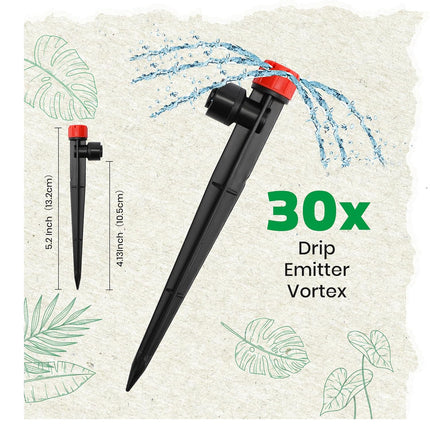 30pcs Quick-Connect Drip Irrigation Emitters for 1/4" Drip Irrigation Tubing - Adjustable Push-to-Connect 360° Drip Emitters Stream on 6" Sturdy Stake for Irrigation System.