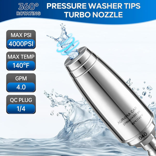 Stainless Steel Pressure Washer Tips Turbo Nozzle 4000 PSI Pressure Washer Rotating Turbo Nozzle, 360° Rotating Pressure Washer Nozzle with 1/4'' Quick Connect, 4.0 GPM 4.0 Orifice.