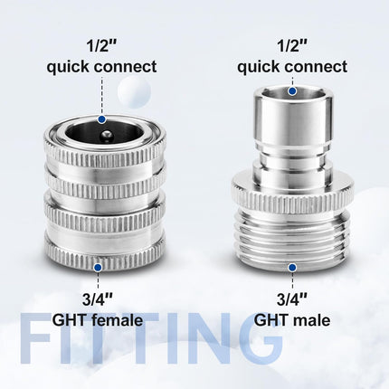 Quick Connect Hose Fittings, 3/4 Inch GHT Garden Hose Quick Connect Set, Stainless Steel Water Hose Fitting, 2 Pack.
