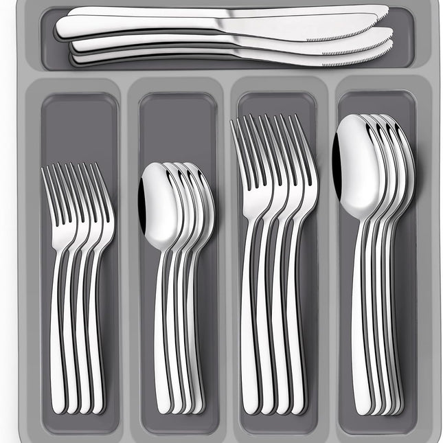 40-Piece Silverware Set with Organizer,  Heavy Duty Stainless Steel Flatware Set for 8, Food-Grade Tableware Cutlery Set, Utensil Sets for Home Restaurant, Mirror Finish, Dishwasher Safe.