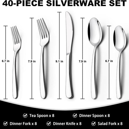 40-Piece Silverware Set with Organizer,  Heavy Duty Stainless Steel Flatware Set for 8, Food-Grade Tableware Cutlery Set, Utensil Sets for Home Restaurant, Mirror Finish, Dishwasher Safe.