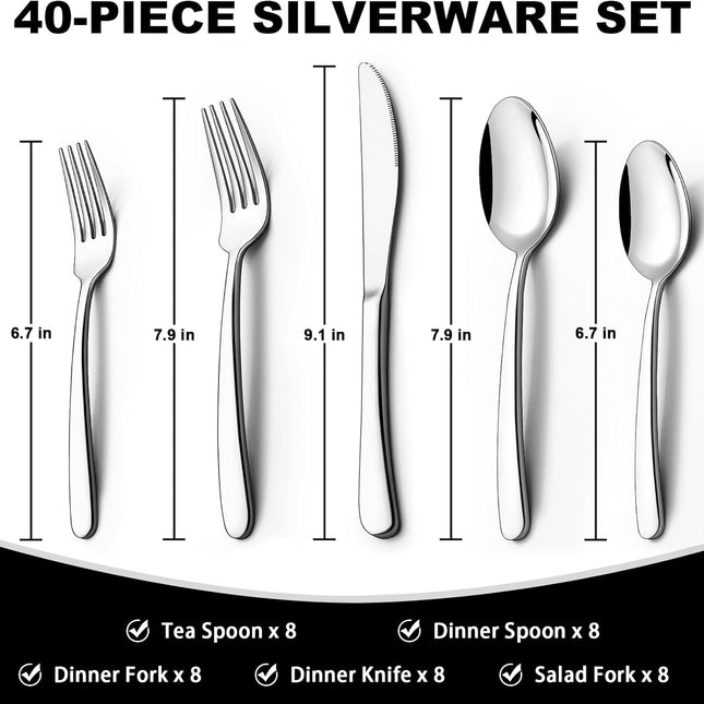 40-Piece Silverware Set with Organizer,  Heavy Duty Stainless Steel Flatware Set for 8, Food-Grade Tableware Cutlery Set, Utensil Sets for Home Restaurant, Mirror Finish, Dishwasher Safe.