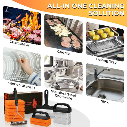 Griddle Cleaning Kit for Blackstone, Flat Top Grill Accessories Cleaner Tool Set Grill Stone, Griddle Scraper, Scouring Pad and Handles, Multifunctional Griddle Accessories Easy to Remove Stain.