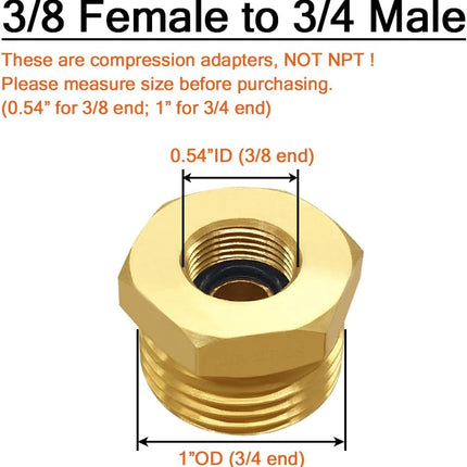 4PCS 3/4 GHT Male to 3/8 Compression Female Bushing Pipe Fitting, Brass Reducer Faucet Connector Water Hose Adapter, Garden Hose to Supply Line Adapter for RV Kitchen Bathroom Plumbing.