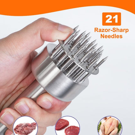 Meat Tenderizer Tool, 304 Stainless Steel, with 21 Needles & Retractable Safety Guard, for Tenderizing Beef, Turkey, Chicken, Steak, Dishwasher Safe.