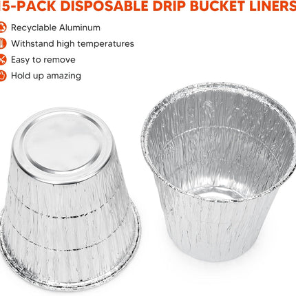 15 Pack Grease Bucket Liners for Traeger Grills, Disposable Aluminum Drip Tray Liner for Traeger Pro 575/780, 20/22/34/ Series, Ironwood 650/885, 4.9" x 4.5".