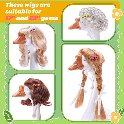 4 Pcs Porch Goose Wigs with Hair Clips, Cute Lawn Goose Statue Braid Wig, Porch Goose Outfits Costume for Outdoor Garden Patio Yard Goosey Decoration.