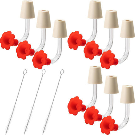 9 Pcs Hummingbird Feeder Tubes with Red Floral Tip, Bird Hummingbird Feeder Replacement Parts with 3 Brush, Outside Flower Bird Water Feeder Tubes Stoppers for Making Your Own Bird Feeders.