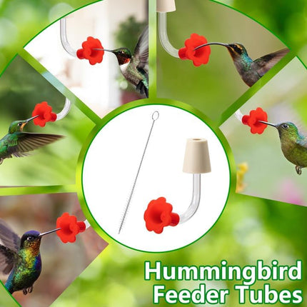 9 Pcs Hummingbird Feeder Tubes with Red Floral Tip, Bird Hummingbird Feeder Replacement Parts with 3 Brush, Outside Flower Bird Water Feeder Tubes Stoppers for Making Your Own Bird Feeders.