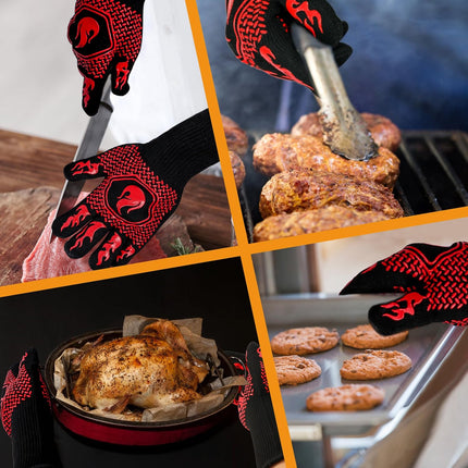 BBQ Fireproof Gloves, Grill Cut-Resistant Gloves 1472°F Heat Resistant Gloves, Non-Slip Silicone Oven Gloves, Kitchen Safe Cooking Gloves for Oven Mitts,Barbecue,Cooking, Frying, Red（2 Pairs）.