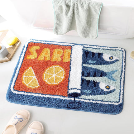 Sardine Can Bath Mat, Blue Bathroom Rugs for Bedroom, Soft Washable Rug Non Slip Cute Kitchen Bath Mats for Bathroom Funny Cartoon Fish and Lemon.