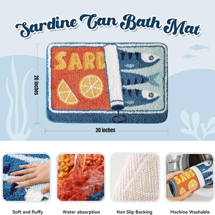 Sardine Can Bath Mat, Blue Bathroom Rugs for Bedroom, Soft Washable Rug Non Slip Cute Kitchen Bath Mats for Bathroom Funny Cartoon Fish and Lemon.