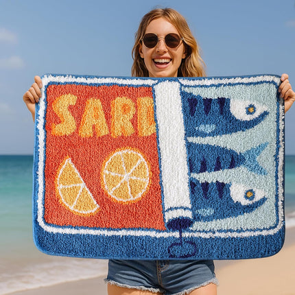 Sardine Can Bath Mat, Blue Bathroom Rugs for Bedroom, Soft Washable Rug Non Slip Cute Kitchen Bath Mats for Bathroom Funny Cartoon Fish and Lemon.