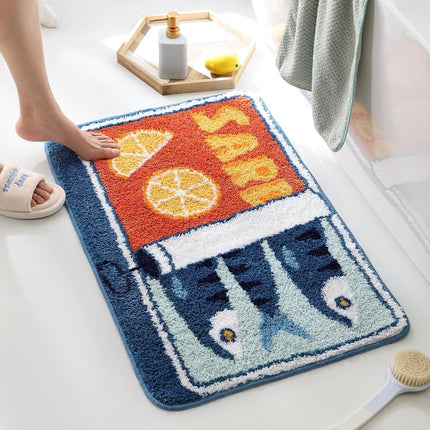 Sardine Can Bath Mat, Blue Bathroom Rugs for Bedroom, Soft Washable Rug Non Slip Cute Kitchen Bath Mats for Bathroom Funny Cartoon Fish and Lemon.