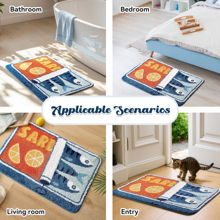 Sardine Can Bath Mat, Blue Bathroom Rugs for Bedroom, Soft Washable Rug Non Slip Cute Kitchen Bath Mats for Bathroom Funny Cartoon Fish and Lemon.