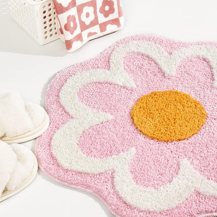 Cute Pink Flower Bath Mat, Machine Washable Bath Rug, Ultra Soft and Fluffy Bathroom Mat, Small Round Non-Slip Water Absorbent Bath Mats for Bathroom Floor, Shower Room and Bathtub.
