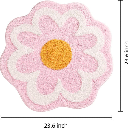 Cute Pink Flower Bath Mat, Machine Washable Bath Rug, Ultra Soft and Fluffy Bathroom Mat, Small Round Non-Slip Water Absorbent Bath Mats for Bathroom Floor, Shower Room and Bathtub.