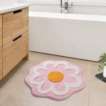 Cute Pink Flower Bath Mat, Machine Washable Bath Rug, Ultra Soft and Fluffy Bathroom Mat, Small Round Non-Slip Water Absorbent Bath Mats for Bathroom Floor, Shower Room and Bathtub.