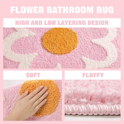 Cute Pink Flower Bath Mat, Machine Washable Bath Rug, Ultra Soft and Fluffy Bathroom Mat, Small Round Non-Slip Water Absorbent Bath Mats for Bathroom Floor, Shower Room and Bathtub.