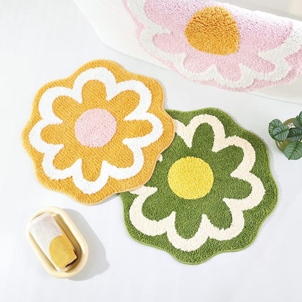 Cute Pink Flower Bath Mat, Machine Washable Bath Rug, Ultra Soft and Fluffy Bathroom Mat, Small Round Non-Slip Water Absorbent Bath Mats for Bathroom Floor, Shower Room and Bathtub.