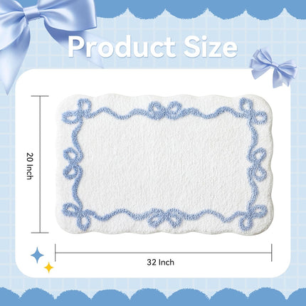 Blue Scalloped Bath Mat - Cute Bow Bathroom Rugs Small Non Slip Bath Mat, Soft & Absorbent Bath Rugs for Bathroom Decor, Tub, Vanity Floor.