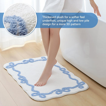 Blue Scalloped Bath Mat - Cute Bow Bathroom Rugs Small Non Slip Bath Mat, Soft & Absorbent Bath Rugs for Bathroom Decor, Tub, Vanity Floor.
