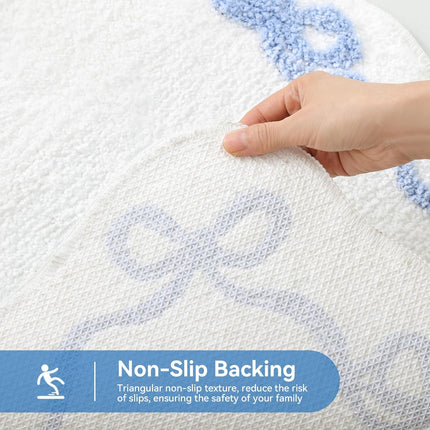 Blue Scalloped Bath Mat - Cute Bow Bathroom Rugs Small Non Slip Bath Mat, Soft & Absorbent Bath Rugs for Bathroom Decor, Tub, Vanity Floor.