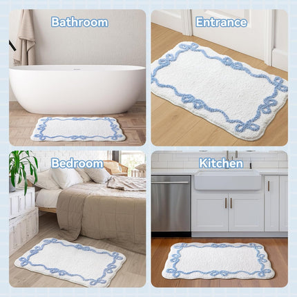 Blue Scalloped Bath Mat - Cute Bow Bathroom Rugs Small Non Slip Bath Mat, Soft & Absorbent Bath Rugs for Bathroom Decor, Tub, Vanity Floor.