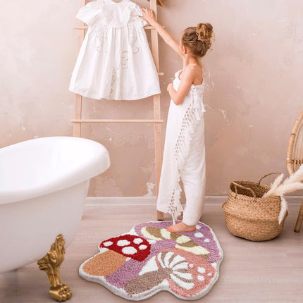 Cute Non Slip Kids Bath Mat - Strong Absorbent Soft Washable Purple Mushroom Boho Bath Rug for Tub, Shower & Bathroom.