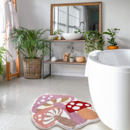 Cute Non Slip Kids Bath Mat - Strong Absorbent Soft Washable Purple Mushroom Boho Bath Rug for Tub, Shower & Bathroom.