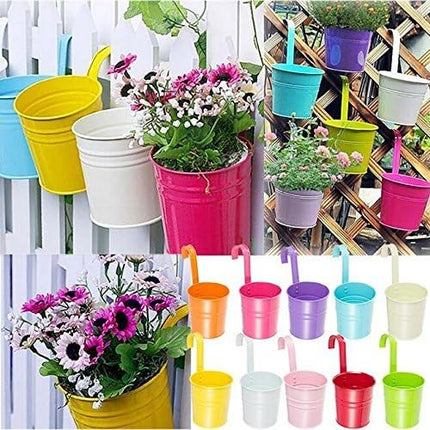 Flower Pots,10 Pcs Metal Iron Hanging Flower Plant Pots Balcony Garden Plant Planter Baskets Fence Bucket Pot 4'' Flower Holders with Detachable Hook.