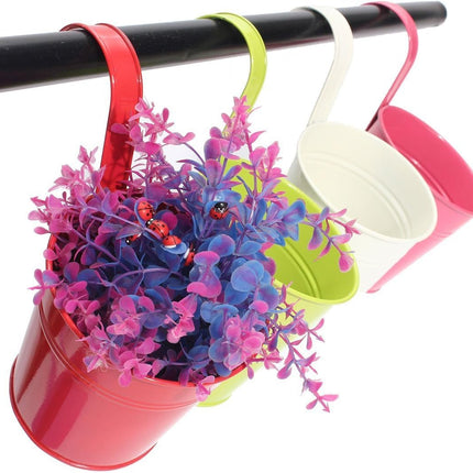 Flower Pots,10 Pcs Metal Iron Hanging Flower Plant Pots Balcony Garden Plant Planter Baskets Fence Bucket Pot 4'' Flower Holders with Detachable Hook.