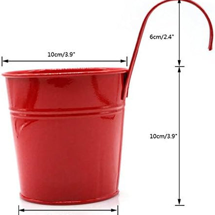 Flower Pots,10 Pcs Metal Iron Hanging Flower Plant Pots Balcony Garden Plant Planter Baskets Fence Bucket Pot 4'' Flower Holders with Detachable Hook.