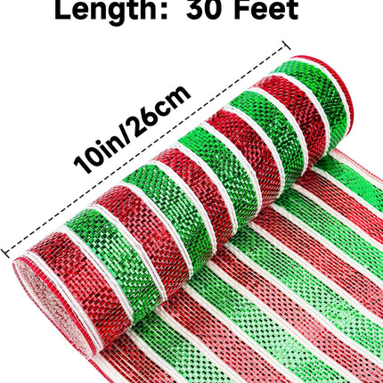 Red and Green Mesh Ribbon - 10 Inch Metallic Foil Stripe Decor for Christmas Tree, Wreaths, DIY Crafts, Valentine's Day.