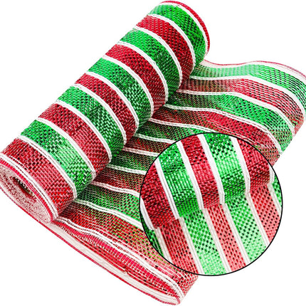 Red and Green Mesh Ribbon - 10 Inch Metallic Foil Stripe Decor for Christmas Tree, Wreaths, DIY Crafts, Valentine's Day.