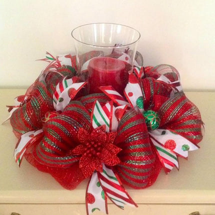 Red and Green Mesh Ribbon - 10 Inch Metallic Foil Stripe Decor for Christmas Tree, Wreaths, DIY Crafts, Valentine's Day.