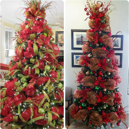 Red and Green Mesh Ribbon - 10 Inch Metallic Foil Stripe Decor for Christmas Tree, Wreaths, DIY Crafts, Valentine's Day.