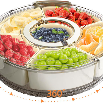 Divided Serving Tray with Lid and Handle, Stackable Snackle Box Container for Fruits Candy Organizer, Portable Spinning Rounded Veggie Tray for Kitchen, Party, Trave and Picnic-1 PACK.