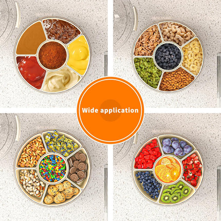 Divided Serving Tray with Lid and Handle, Stackable Snackle Box Container for Fruits Candy Organizer, Portable Spinning Rounded Veggie Tray for Kitchen, Party, Trave and Picnic-1 PACK.