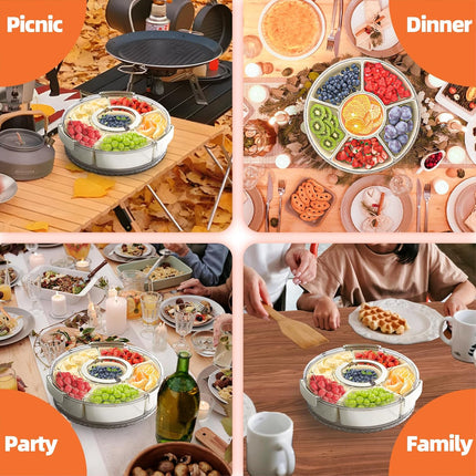 Divided Serving Tray with Lid and Handle, Stackable Snackle Box Container for Fruits Candy Organizer, Portable Spinning Rounded Veggie Tray for Kitchen, Party, Trave and Picnic-1 PACK.