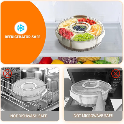 Divided Serving Tray with Lid and Handle, Stackable Snackle Box Container for Fruits Candy Organizer, Portable Spinning Rounded Veggie Tray for Kitchen, Party, Trave and Picnic-1 PACK.
