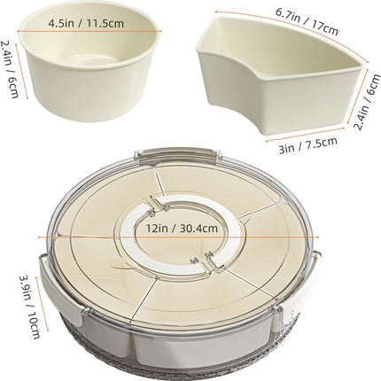 Divided Serving Tray with Lid and Handle, Stackable Snackle Box Container for Fruits Candy Organizer, Portable Spinning Rounded Veggie Tray for Kitchen, Party, Trave and Picnic-1 PACK.