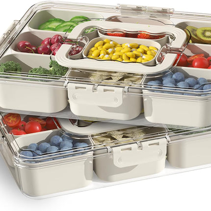 Snackle Box Container, Portable 9 Compartments Divided Serving Tray with Lid and Handle, Clear Snack Box, Stackable Snack Platters Organizer for Fruits, Candies, Vegetables, Nuts-2 PACK.