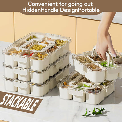 Snackle Box Container, Portable 9 Compartments Divided Serving Tray with Lid and Handle, Clear Snack Box, Stackable Snack Platters Organizer for Fruits, Candies, Vegetables, Nuts-2 PACK.