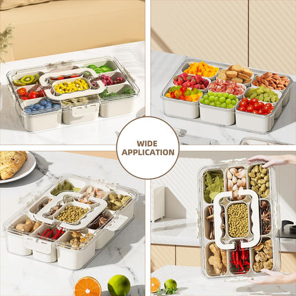 Snackle Box Container, Portable 9 Compartments Divided Serving Tray with Lid and Handle, Clear Snack Box, Stackable Snack Platters Organizer for Fruits, Candies, Vegetables, Nuts-2 PACK.