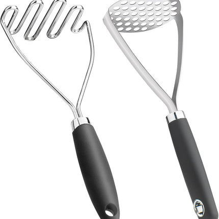 Potato Masher Set of 2 Pieces, 10.25-Inch Stainless Steel Wire Mashed Potato Masher, Kitchen Gourmet Making Tools Professional Integrated Honeycomb, For Vegetable, Fruit, Melon, Potato Etc, Black.